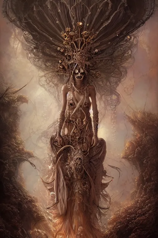 Prompt: alluring detailed cgi matte painting tanned female empress of the life and fertility, by ellen jewett, tomasz alen kopera and justin gerard | symmetrical, vivacious, realism, grunge, intricate, ornate, royally decorated, skull, skeleton, whirling smoke, glowing particles, colorful adornments, colorful torn fabric, radiant colors