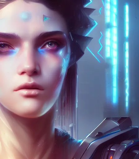 Image similar to beautiful portrait of a cyberpunk goddess who looks like Emily Ratakowski , character design by charlie bowater, ross tran, artgerm, and makoto shinkai, detailed, soft lighting, rendered in octane