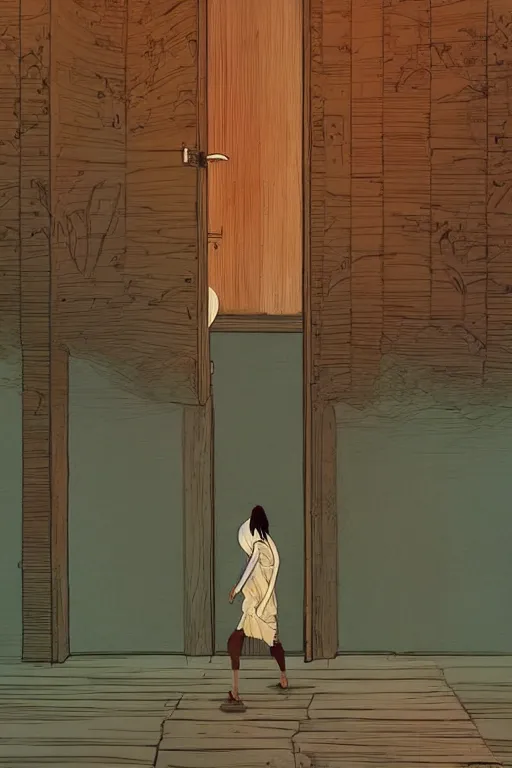 Image similar to a girl walking to a giant wooden door with archaic symbols embedded onto, digital art, very graphic illustration by pascal campion and moebius and victo ngai, colorful comics style
