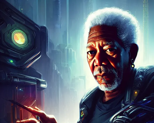 Image similar to morgan freeman with cyberpunk implants, deep focus, d & d, fantasy, intricate, elegant, highly detailed, digital painting, artstation, concept art, matte, sharp focus, illustration, hearthstone, art by artgerm and greg rutkowski and alphonse mucha