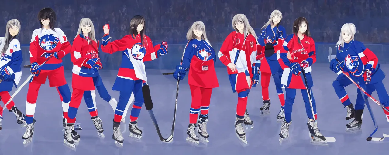 Image similar to females akira anime ice hockey players, wearing a light futuristic suit, habs and nordiques jerseys, blue white and red color blocking, character concept exploration, outfit designs, trending on artstation, photorealistic, 8k, background of vast ice rink tv crews and crazy crowd