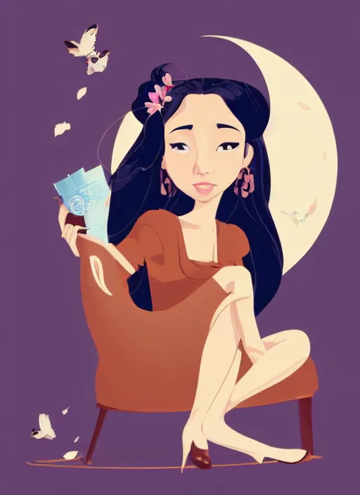 Prompt: beautiful woman with long black hair, tan skin, hourglass figure, round face as a disney princess sitting in an armchair. clean cel shaded vector art. shutterstock. behance hd by lois van baarle, artgerm, helen huang, by makoto shinkai and ilya kuvshinov, rossdraws, illustration,