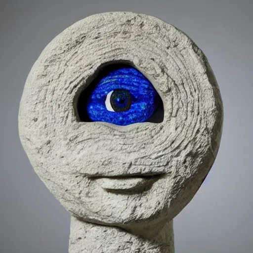 Image similar to medium - shot museum photo of ca 2 5 0 0 stone eye sculpture made of thick lapis lazuli beveled to hold the white limestone which forms the eye's sclera which is drilled to receive the black stone pupil, studio lighting, professional, promo,