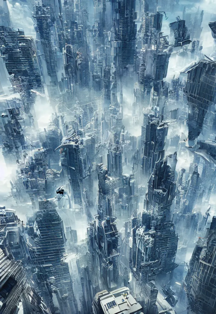 Image similar to people diving down from buildings , futuristic city, street view, detailed, hyper realistic, dramatic