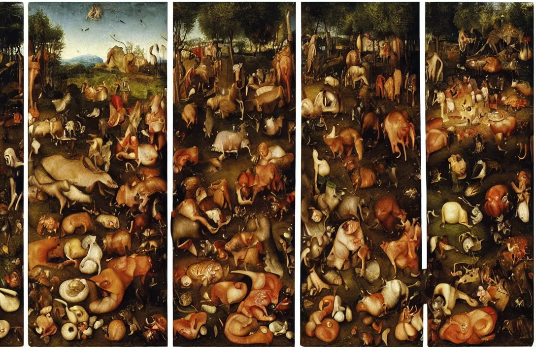 Prompt: vegetarians and carnivores, painting by bosch, extremely detailed triptych