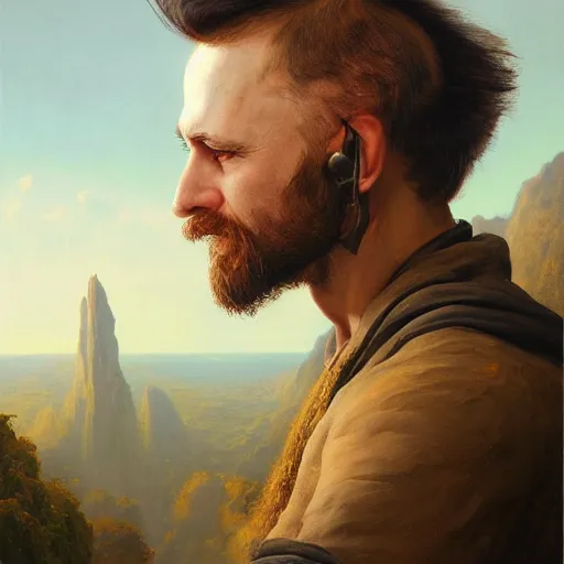 Image similar to Beautiful hyperrealistic detailed matte portrait painting of a time traveler from the future, by andreas rocha and john howe, and Martin Johnson Heade, featured on artstation, featured on behance, golden ratio, f32, well composed, cohesive