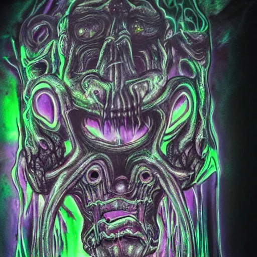 Image similar to a giger demon with fluorescent flesh, wispy ink horrors, prismatic neon glow backdrop, photo pic by hyperrealism