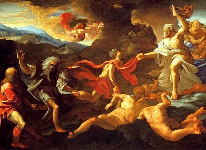 Prompt: renaissance painting of Gandalf the gray, right, fighting the fiery giant balrog, left, by nicolas poussin