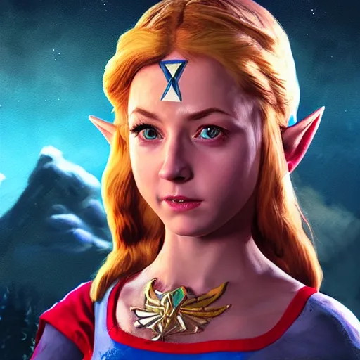Prompt: A hyper real comic book style portait painting of Zelda the princess on the moon, unreal 5, hyperrealistic, octane render, cosplay, RPG portrait, dynamic lighting
