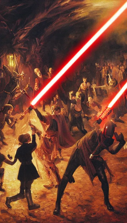 Image similar to painting of evil sith attacking a birthday party, by Peder Krøyer, dramatic lighting, golden hour, epic, intricate detail, canvas print, the sith have lightsabers