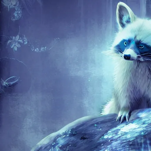 Image similar to final fantasy box art depicting an ethereal blue raccoon