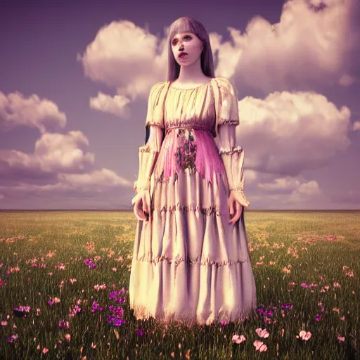 Prompt: 8 k, octane render, realism, tonalism, renaissance, rococo, baroque, cotton candy, portrait of a creepy young lady wearing long 1 9 7 0 s babydoll dress with flowers and skulls standing field of grass, flowers