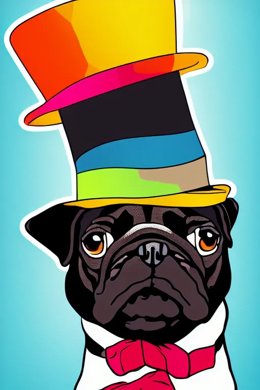 Image similar to A portrait of a pug wearing a top hat, sticker, colorful, illustration, highly detailed, smooth and clean vector curves, no jagged lines, vector art, smooth