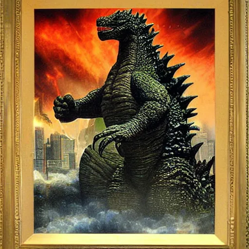 Image similar to Godzilla destroying Tokyo, Thomas Kincade