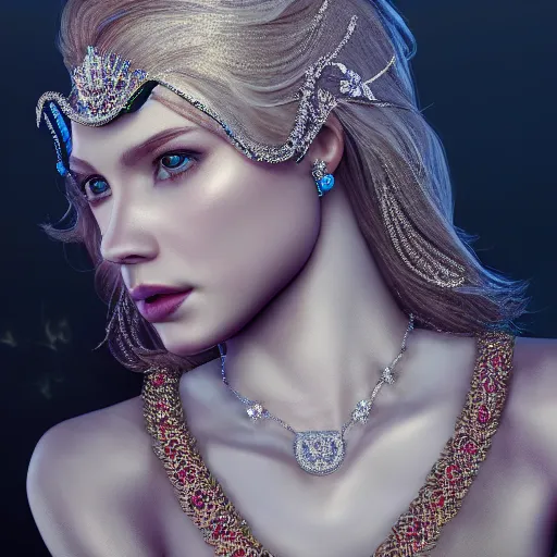 Image similar to portrait of wonderful princess of diamond with fair skin, ornate with diamonds, 8 k, gorgeous, intricate, detailed, glowing white accent lighting, dramatic lighting, octane render