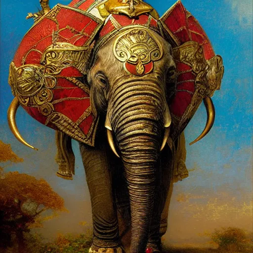 Image similar to srilankan elephant with high - teh steampunk head armour baroque style, painting by gaston bussiere, craig mullins, j. c. leyendecker, lights, art by ernst haeckel, john william godward, hammershøi,