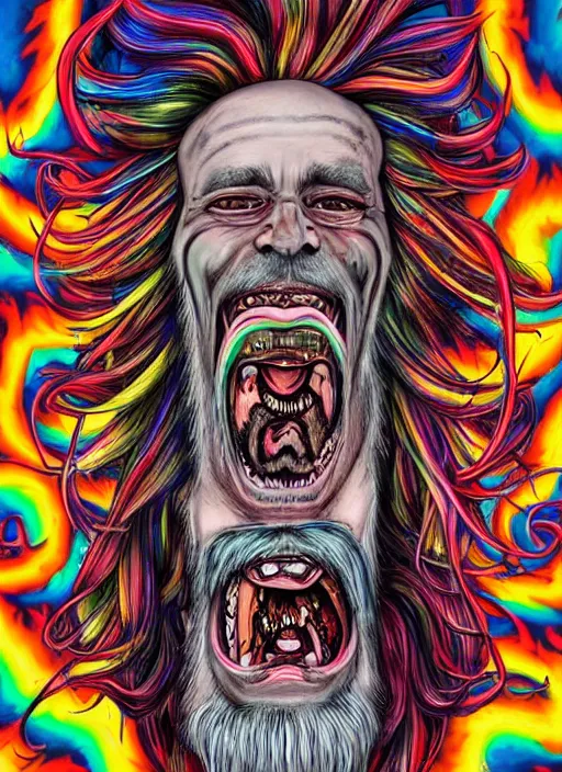 Image similar to a crazy man with long multi colored hair and a pointy beard smiling and making strange gestures as his face melts and inside his face are various psychedelic rebel monsters, psychedelic surreal cosmic bizarre horror