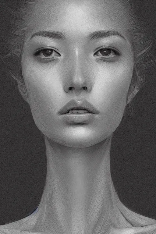 Image similar to female head portrait album cover hyper detailed concept art sheet crosshatch sketch illustration art style by Jonathan Wayshak and Toshihiro Egawa and Zdizslaw Beksinski and Artstation trending 8k