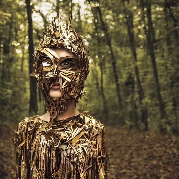 Prompt: a woman with a mask made of scrap metal standing in a forest, golden hour, vogue magazine