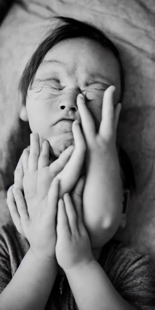 Image similar to High resolution black and white portrait with a 35mm F/5.0 lens of a single child, single head, from Soviet Russia with eyes closed with a sorrowful face about to cry.