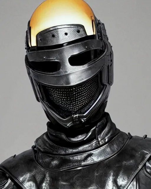 Image similar to eminem wearing a futuristic armored mask with amber eye reflective lenses, and black leather body armor.