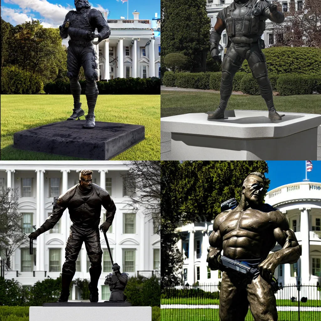 Prompt: bronze statue of Duke Nukem in front of the white house, photo 4k