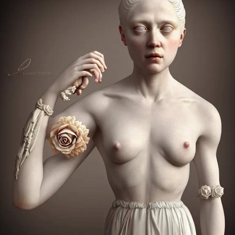 Prompt: neoclassical art closed realistic detailed portrait of a wonderful sweet expressive symmetrical albino goddess with a wonderful face and realistic arms and fingers, dressed with a majestic semi transparent silk roses long dress, ornate, intricate, detailed, dramatic light, gregory crewdson style, octane render