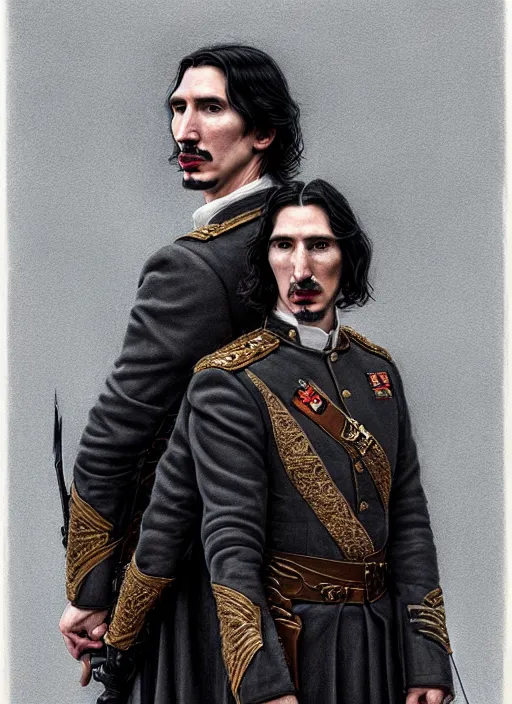 Image similar to a portrait of john oliver standing next to adam driver as in the vigo carpathian painting, stoic, military uniform, fantasy, intricate, beautiful, highly detailed, charcoal, centered, dark, smokey, digital painting, concept art, smooth, sharp focus, illustration, art by artgerm and greg rutkowski