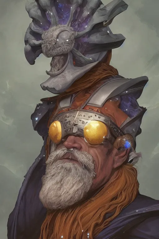 Image similar to portrait of the heteromorph ammonite wizard wearing the epic artifact headgear that creates the universe by artgerm and Craig Mullins, James Jean, Andrey Ryabovichev, Mark Simonetti and Peter Morbacher 16k