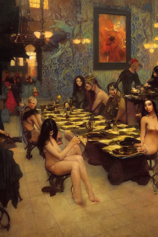 Prompt: goth ihop on ladies night, painting by gaston bussiere, katsuya terada, nc wyeth, greg rutkowski, craig mullins, vermeer, frank frazetta, mucha, tom of finland, trending on artstation, jeffery catherine jones