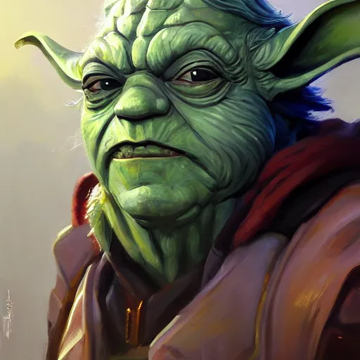 Image similar to greg manchess portrait painting of armored yoda as overwatch character, medium shot, asymmetrical, profile picture, organic painting, sunny day, matte painting, bold shapes, hard edges, street art, trending on artstation, by huang guangjian and gil elvgren and sachin teng