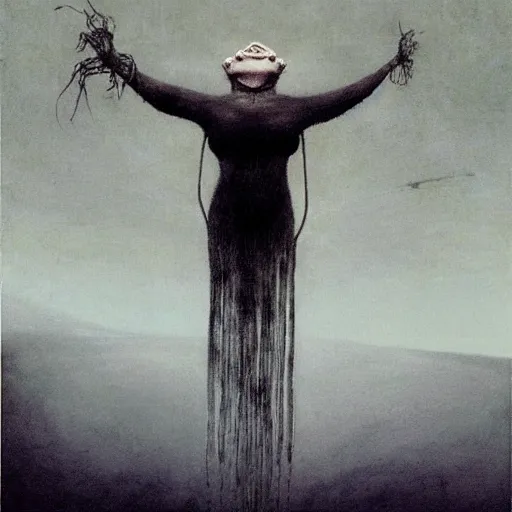 Image similar to Audrey Hepburn a Baron Harkonnen floating in the air in a large empty chamber Giger beksiński