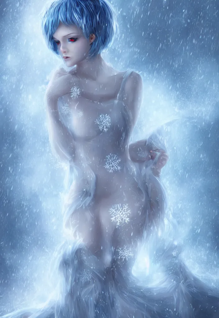 Prompt: a stunningly pretty woman with pale blue hair wearing a dress made out of snowflake in the middle of a snowstorm. award - winning digital art, trending on artstation