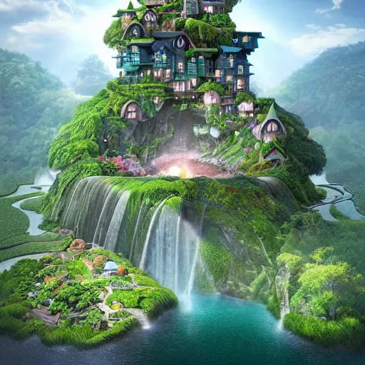 Image similar to waterfall village, by benoit mandelbrot, filip hodas, vincent callebaut, mike campau and studio ghibli