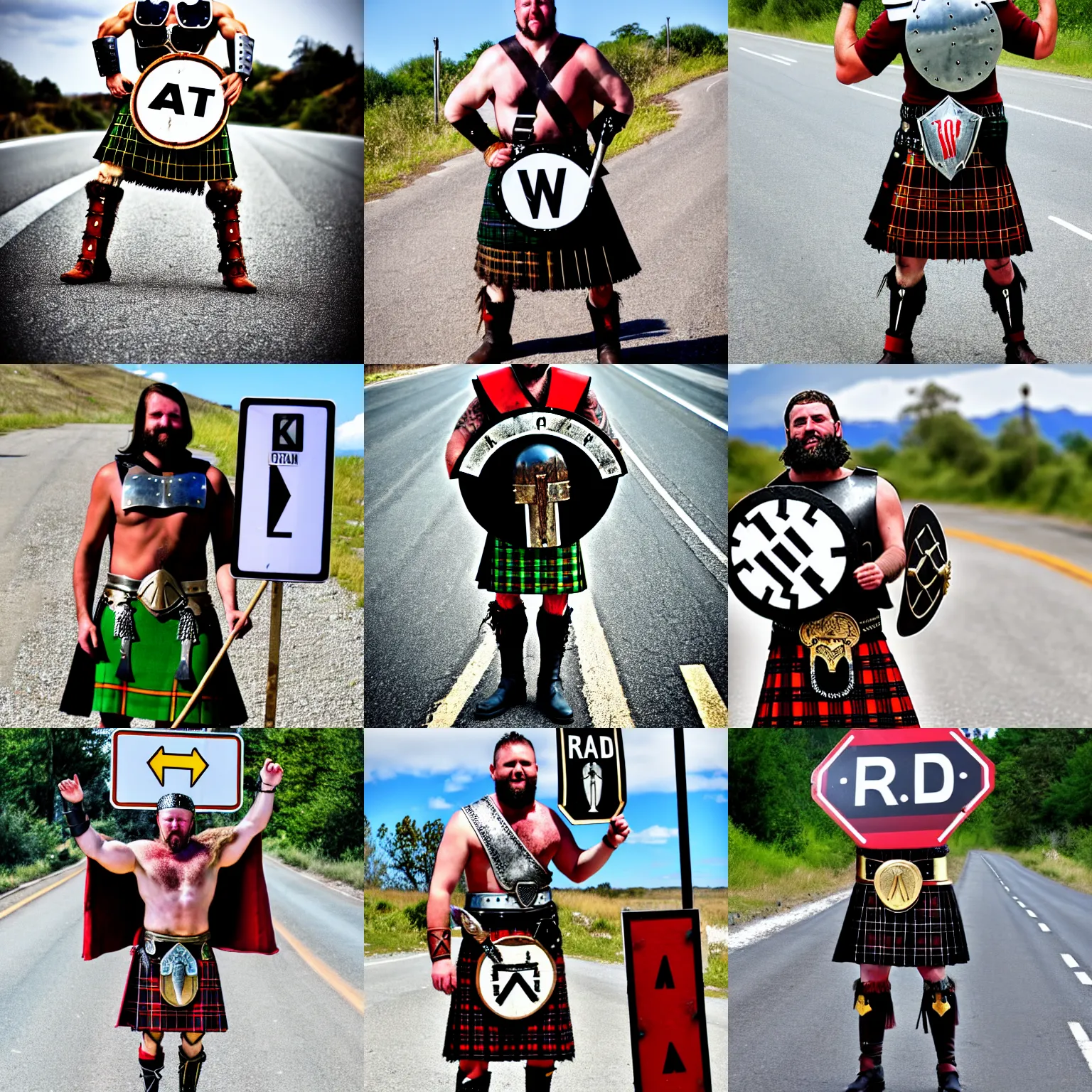 Prompt: gladiator wearing a road sign on his kilt, road sign armor
