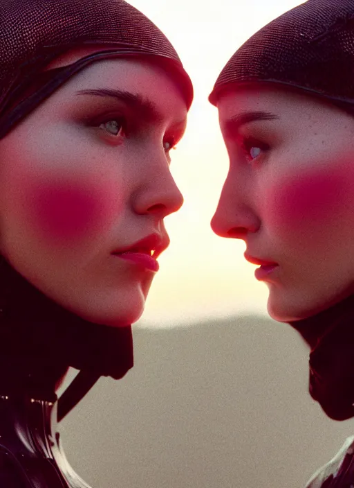 Image similar to cinestill 5 0 d photographic portrait of two loving female androids wearing rugged black mesh techwear on a desolate plain with a red sky, extreme closeup, modern cyberpunk, dust storm, 8 k, hd, high resolution, 3 5 mm, f / 3 2, ultra realistic faces, ex machina, blade runner