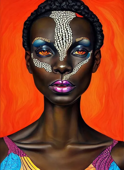 Prompt: beautiful painted portrait of a gorgeous black woman, her skin in the pattern style of e. a. seguy and edouard benedictus, intricate details, opulent, hyper mdetailed, surrealism, vibrant and vivid