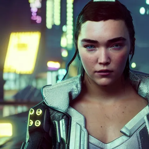 Image similar to florence pugh in cyberpunk 2 0 7 7, unreal engine 5 4 k, hyperdetailed photorealism