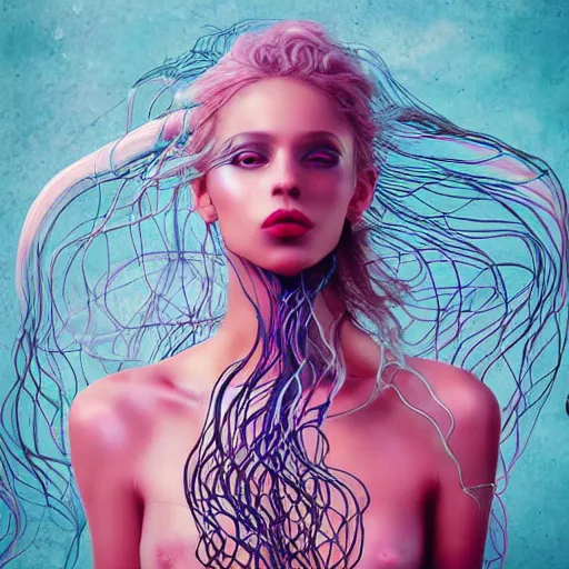 Prompt: Vass Roland cover art body art hand behind head pose future bass girl unwrapped smooth armpits body folds of silk very curly serious girl body statue bust curls of hair petite lush side view body photography model full body curly jellyfish lips art contrast vibrant futuristic fabric skin jellyfish material metal veins style of Jonathan Zawada, Thisset colours simple background objective coherent