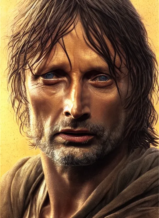 Image similar to Mads Mikkelsen as Aragorn by Alan Lee, golden hour, concept art, detailed clothing, art station, oil painting