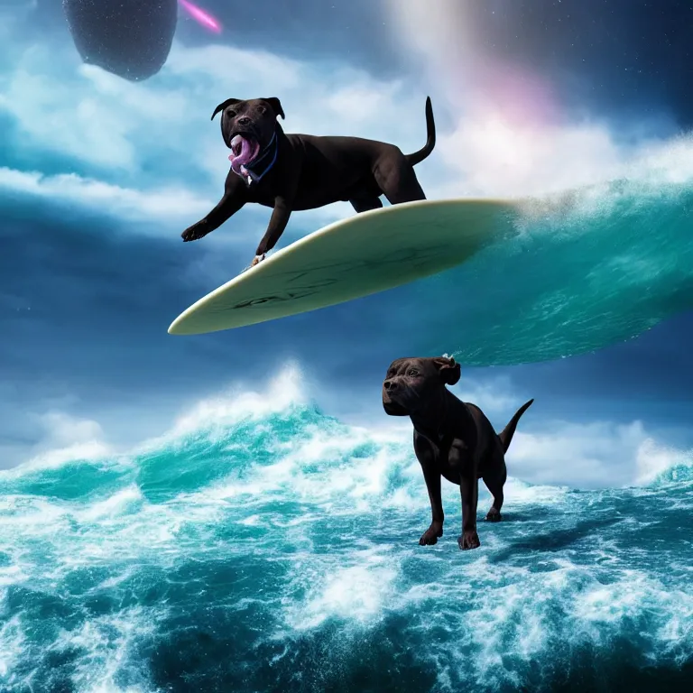 Image similar to photo of a dark coat pit bull with a white paws, surfing on a surfboard in a crashing wave of alien ocean in space, background is an alien galaxy, matte, aliens in the background, alien colors, octane render, unreal engine, wide view, 8 k, high detaild