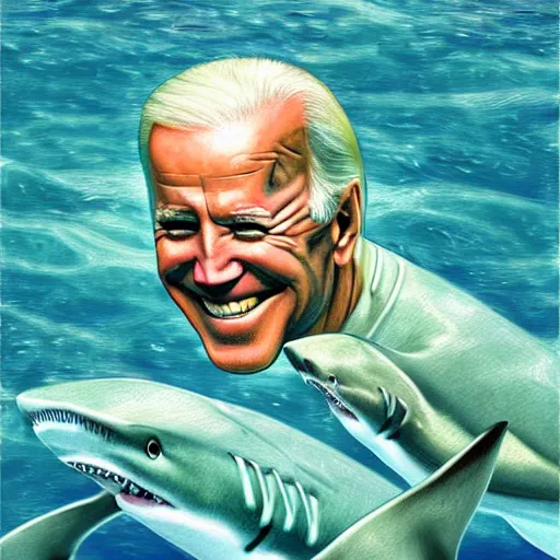 Image similar to joe biden sharkman swimming underwater, shark - human face, impressionism