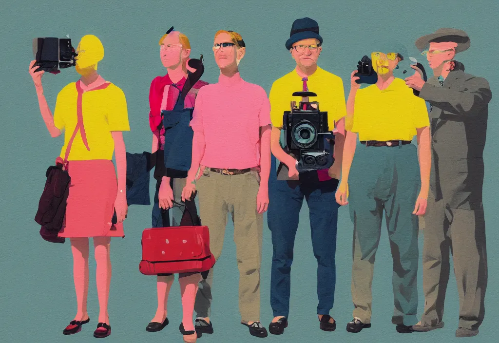 Image similar to full body portrait of a trio of european tourists with nikon cameras, character designs painting, in the style of wes anderson, rene magritte, lola dupre, david hockney, isolated on white background, dark monochrome neon spraypaint accents volumetric octane render