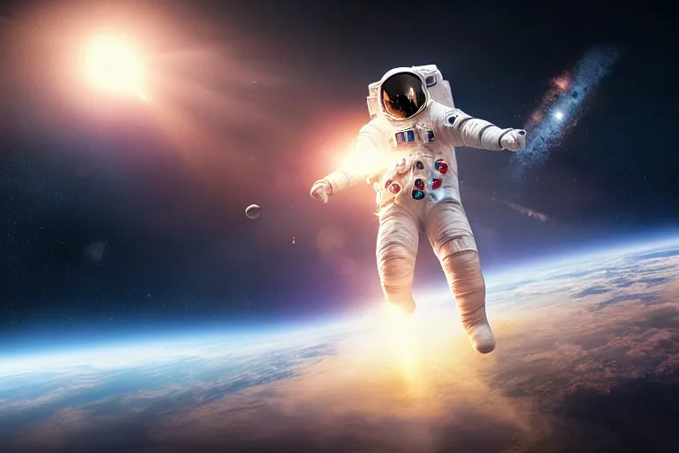 Image similar to astronaut in space wearing a spacesuit floating, meteor hitting earth in background, highly detailed, photorealistic portrait, bright studio setting, studio lighting, crisp quality and light reflections, unreal engine 5 quality render