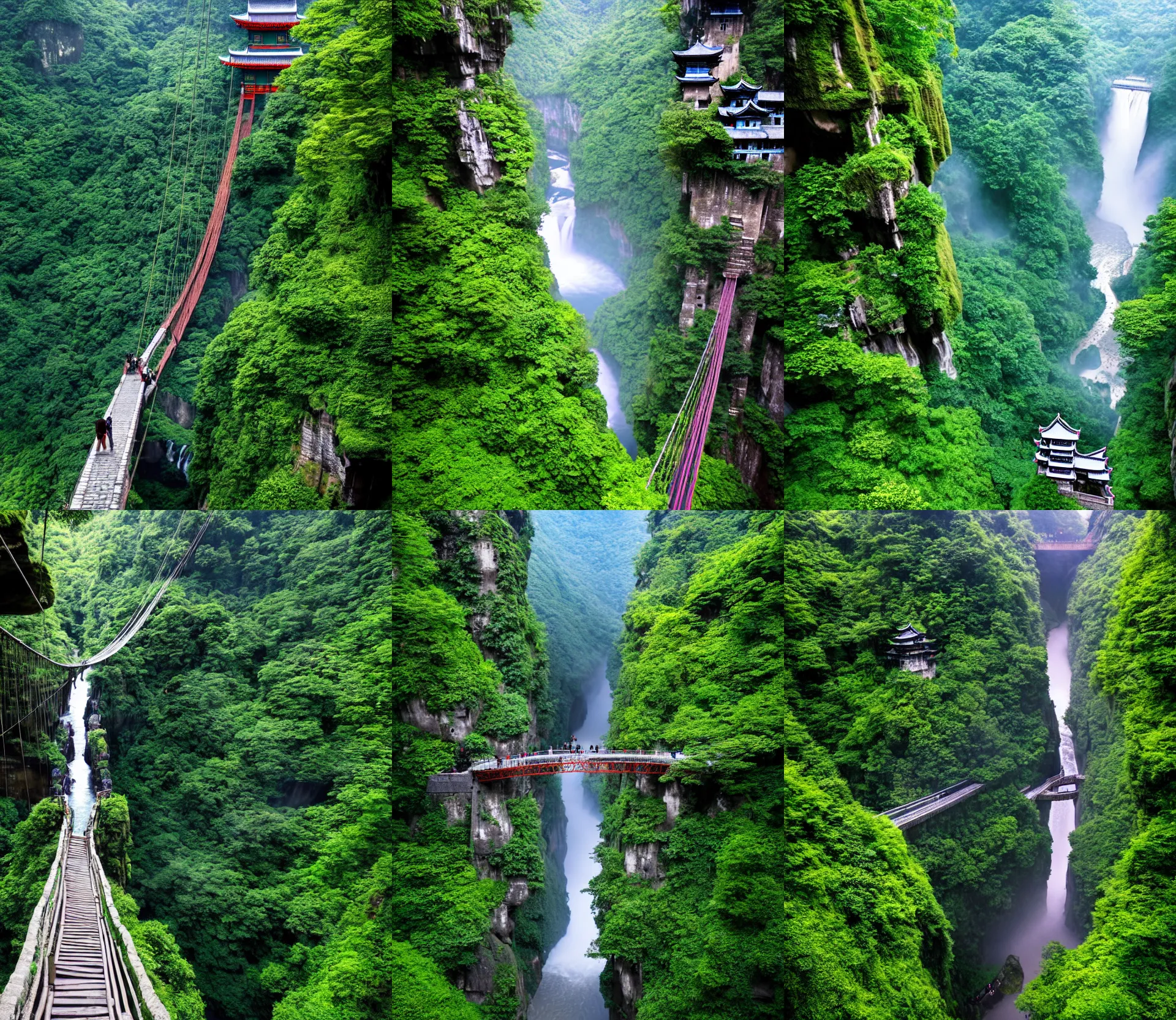 Prompt: establishing wide shot inside han son doong with waterfalls on either side of the cliff walls, at the top of the cliff is a japanese castle, an old suspension bridge spans the walls