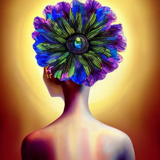 Image similar to huge flower as head, woman standing in a luxury apartment, surreal photography, dramatic light, impressionist painting, digital painting, artstation, georgia o'keeffe