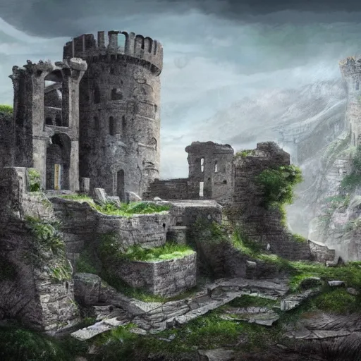 Prompt: Concept art of an abandoned ancient castle on top of a mountain, completely in ruin, like roman ruin, waterfall flowing from the stone, cracks on the side, extremely detailed digital art, trending on ArtStation, 4k, wallpaper