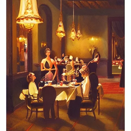 Prompt: dark skinned people eating at a regal buffet ultra detailed beautiful setting elegant event gold ornaments iridescent lighting in the style of edward hooper and henri matisse oil painting
