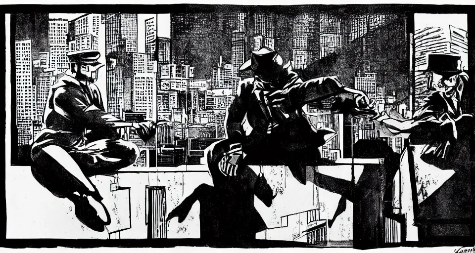 Image similar to a detective interrogating a suspect on the roof of the police station, by frank miller