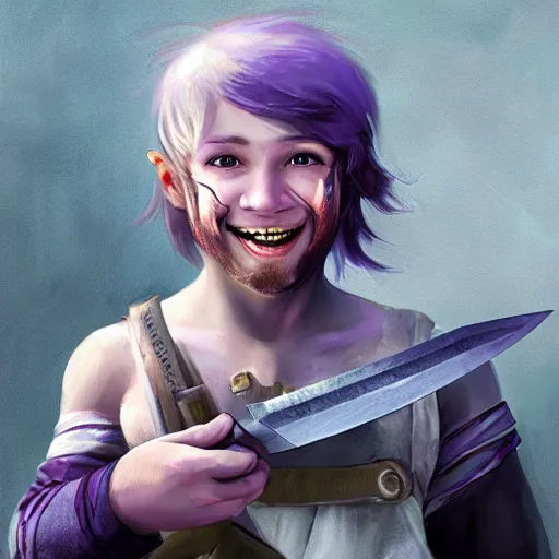 Image similar to duergar male child character portrait with pale purple skin, by Ruan Jia, shabby clothes, leather pouch, wielding kitchen knife, smiling, youthful, dungeons and dragons, digital art